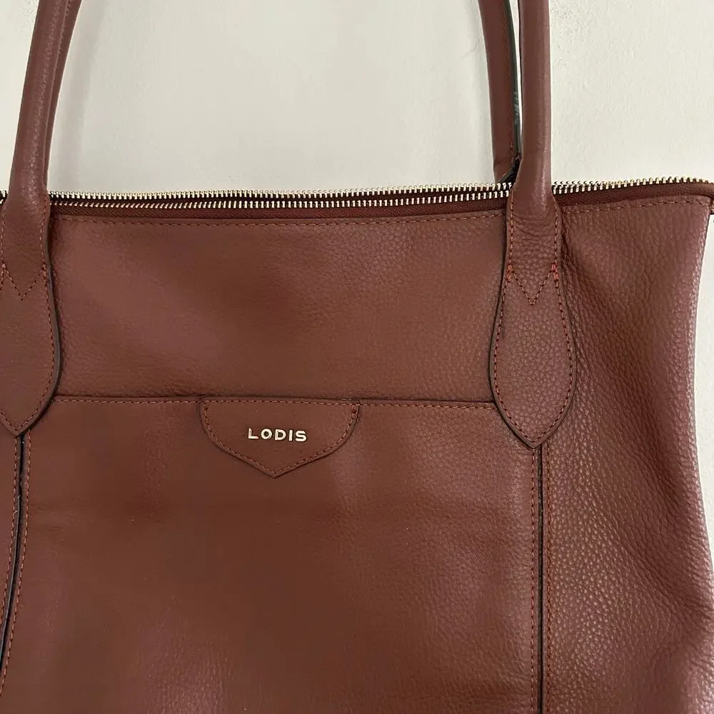 Lodis Leather Zip Around Double Handle Strap Tote Bag Brown